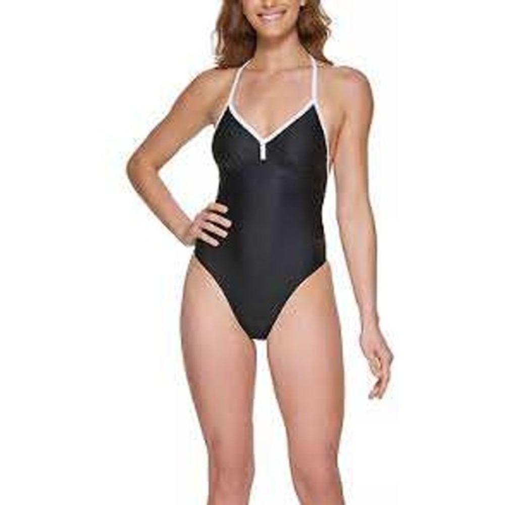 DKNY NEW Black White Halter Racerback One Piece Swimsuit SMALL Minimalist